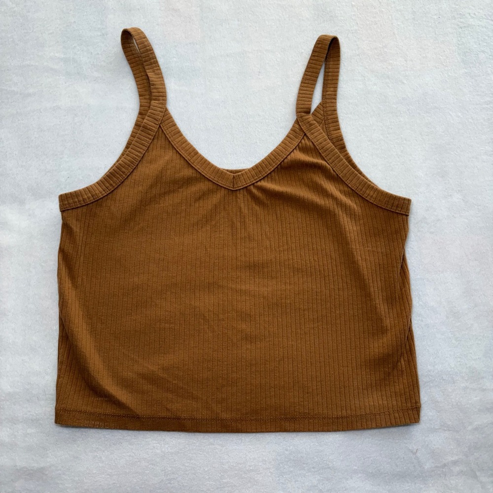 Wild Fable Brown Ribbed V-Neck Cropped Cami Tank Top Womens XL Cotton Fall